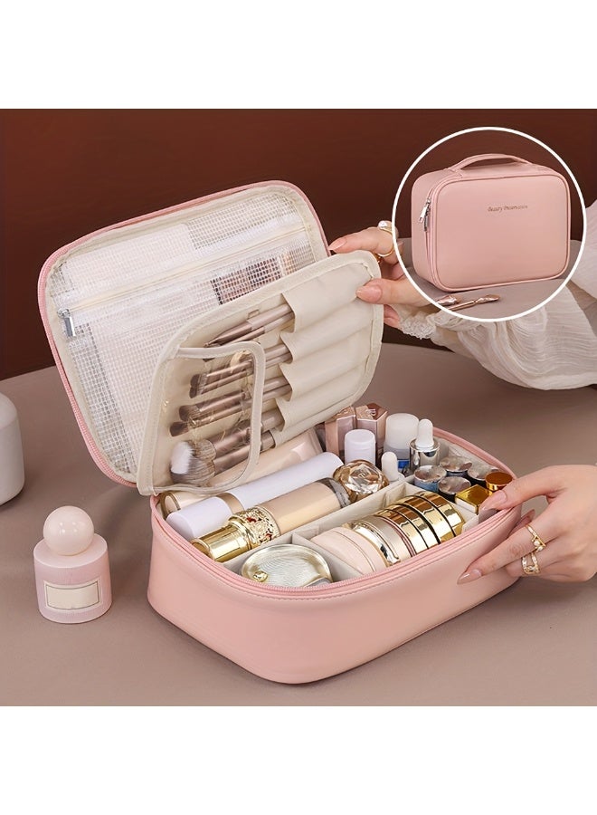 Multi-Layer Large Capacity Detachable Makeup Bag, Waterproof Portable Travel Storage Bag with Brush Storage,PU Leather Cosmetic Bag with Zipper,  Large Capacity Handheld Travel Cosmetic Bag with Compartments for Girls and Women (Pink) - Image 1